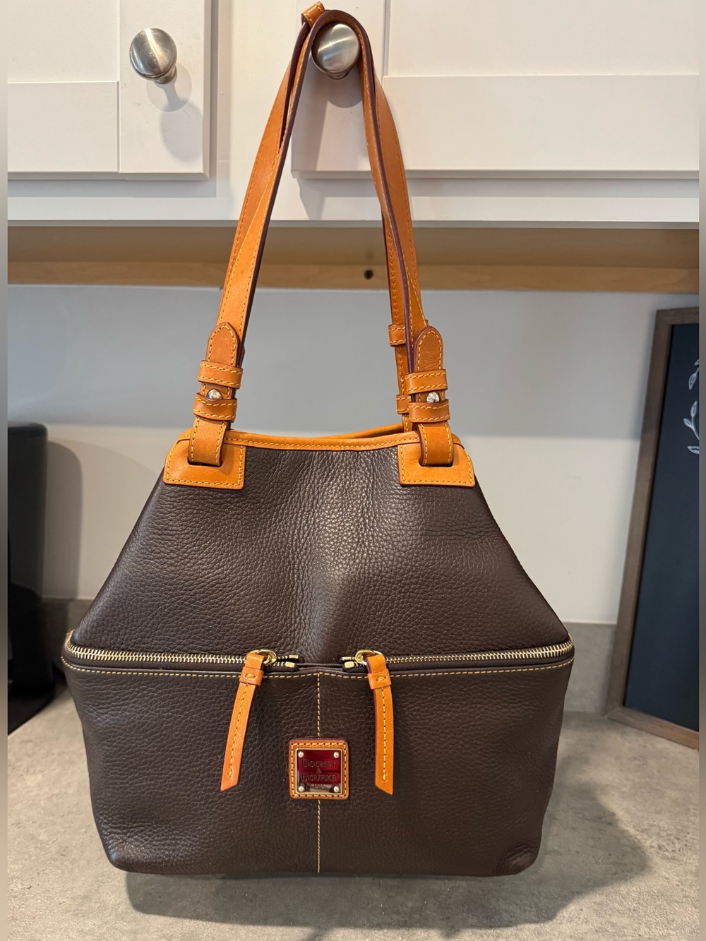 Dooney & Bourke Brown Pebble Leather Shoulder Bag with Tan Trim